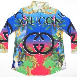 NWOT Gucci Bootleg Logo Spell Out Mens Long Sleeve Button Down Shirt  L
